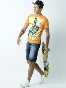 Huetrap Men Orange Printed Round Neck T-shirt