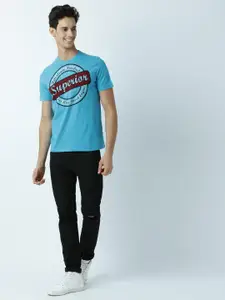 Huetrap Men Turquoise Blue Printed Round Neck T-shirt