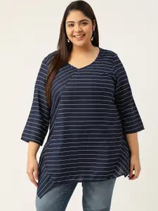 theRebelinme Women Navy Blue Plus Size Printed Striped Casual Top