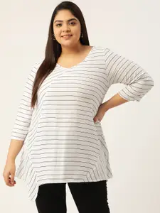 theRebelinme Women White Plus Size Navy Blue Printed Striped Casual Top