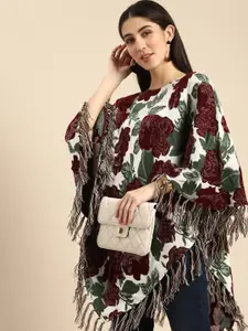 Anouk Women White & Maroon Floral Poncho with Fringed Detail