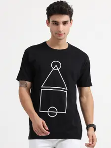 COOFT Men Black Printed Pure Cotton Raw Edge T-shirt
