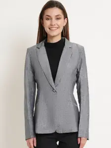 Purple State Women Grey Self Design Single-Breasted Slim Fit Linen Blazer