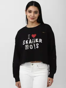 FOREVER 21 Women Black Printed Crop Sweatshirt