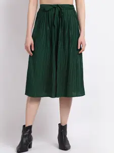 La Zoire Women Bottle Green Pleated Skirt with Attached Belt