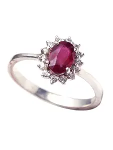 HIFLYER JEWELS Rhodium-Plated & Red Ruby & Topaz Gemstones Studded Ring