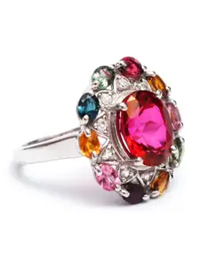 HIFLYER JEWELS Red & Silver-Toned Rhodium-Plated Stone-Studded Finger Ring