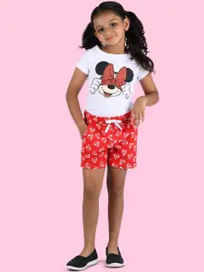 Zalio Girls White & Red Minnie Mouse Printed Cotton T-shirt with Shorts