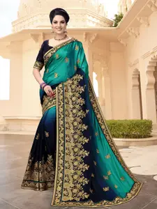 Trendmalls Blue & Green Floral Pure Silk Mysore Silk Saree