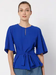 Vero Moda Women Blue Keyhole Neck Cinched Waist Top