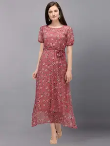 Fashfun Pink Floral Printed Chiffon Belted A-Line Maxi Dress