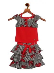Tiny Girl Girls Red & Black Printed Cotton Top with Skirt