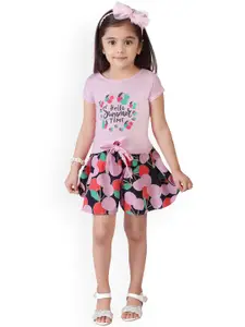 Tiny Girl Girls Pink & Blue Printed  pure cotton Top with Skirt