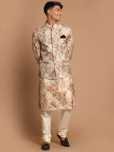 VASTRAMAY Men Beige Printed Kurta with Pyjamas & Nehru Jacket