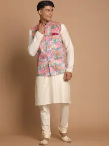 VASTRAMAY Men Cream-Coloured Kurta with Pyjamas Comes With a Nehru Jacket
