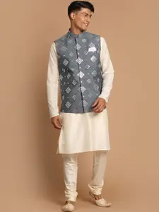 VASTRAMAY Men Grey  Layered Mirror Work Kurta with Pyjama And Nehru Jacket