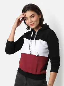 Campus Sutra Women Black Colourblocked Hooded Sweatshirt