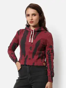 Campus Sutra Women Red and Black Tie-Dye Hooded Cotton Sweatshirt