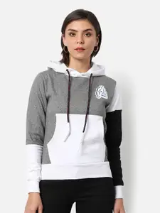 Campus Sutra Women Grey Colourblocked Hooded Sweatshirt
