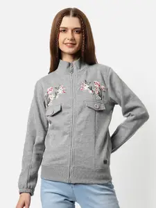 Campus Sutra Women Grey Embroidered Sweatshirt
