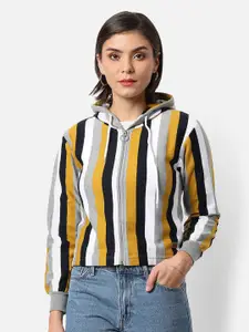 Campus Sutra Women Multicoloured Striped Hooded Crop Sweatshirt