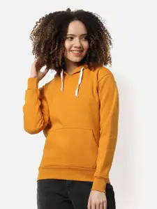 Campus Sutra Women Mustard Hooded Cotton Sweatshirt