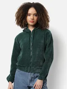 Campus Sutra Women Green Hooded Sweatshirt