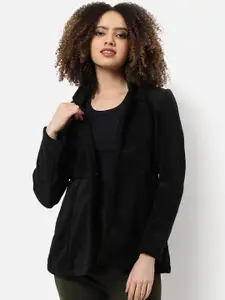 Campus Sutra Women Black Solid Single-Breasted Winter Wear Blazer