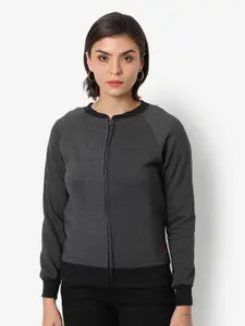 Campus Sutra Women Charcoal Solid Zipper Cotton Sweatshirt