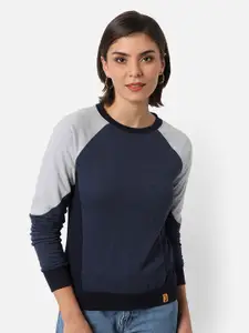 Campus Sutra Women Blue Colourblocked Cotton Sweatshirt