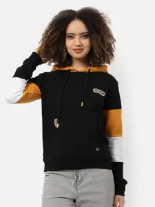 Campus Sutra Women Black Colourblocked Hooded Cotton Sweatshirt