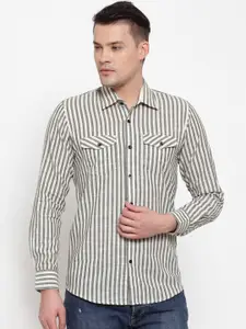 Purple State Men Off White Slim Fit Striped Casual Shirt