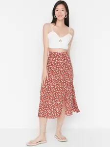 Trendyol Women Red Floral Printed Flared Midi Skirt