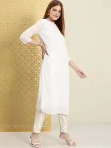 House of Pataudi Women White Embroidered Accordion Pleats Jashn Kurta