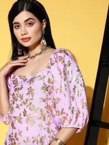 Anouk Women Lavender & Golden Floral Printed A-Line Midi Dress
