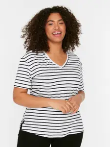 Trendyol Women White Striped V-Neck T-shirt
