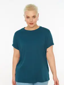 Trendyol Women Plus Size Teal Extended Sleeves Pure Cotton T-shirt
