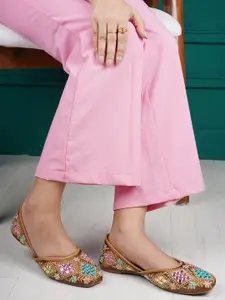 Shezone Women Tan Brown & Pink Embellished Ethnic Mojaris Flats