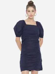 Trend Arrest Women Blue Solid Cotton Ruched Sheath Dress