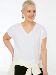 Trendyol Women Plus Size White V-Neck Extended Sleeves Pure Cotton T-shirt