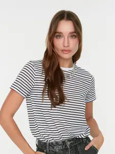 Trendyol Women Black Pure Cotton Striped Monochrome T-shirt