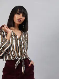 Sera Women Off White & Black Striped Shirt Style Crop Top