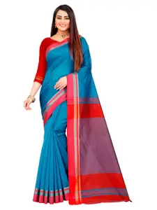 Indian Fashionista Turquoise Blue & Red Silk Cotton  Chanderi Saree