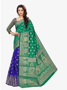Indian Fashionista Green & Blue Ethnic Motifs Zari Art Silk Half and Half Banarasi Saree