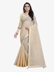 Indian Fashionista Cream-Coloured & Silver-Toned Checked Lace Khadi Saree