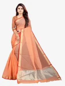 Indian Fashionista Orange & Gold-Toned Kalamkari Zari Silk Cotton  Gadwal Saree