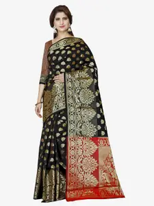 Indian Fashionista Black & Red Woven Design Zari Art Silk Maheshwari Saree