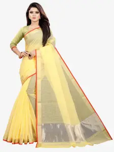 Indian Fashionista Yellow & Silver-Toned Zari Silk Cotton Gadwal Saree