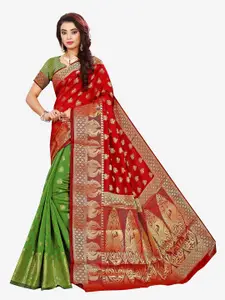 Indian Fashionista Indian Fashionista Red & Green Paisley Zari Art Silk Banarasi Saree