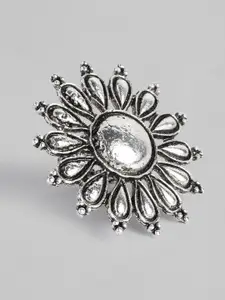 Kord Store Silver-Toned Oxidized Floral Finger Ring